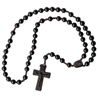 IHM Imports Sine Cera Black Onyx/Jujube Wood 5 Decade Catholic Rosary, Laser Engraved Crucifix/Double-sided Centerpiece, Smooth 8mm Beads