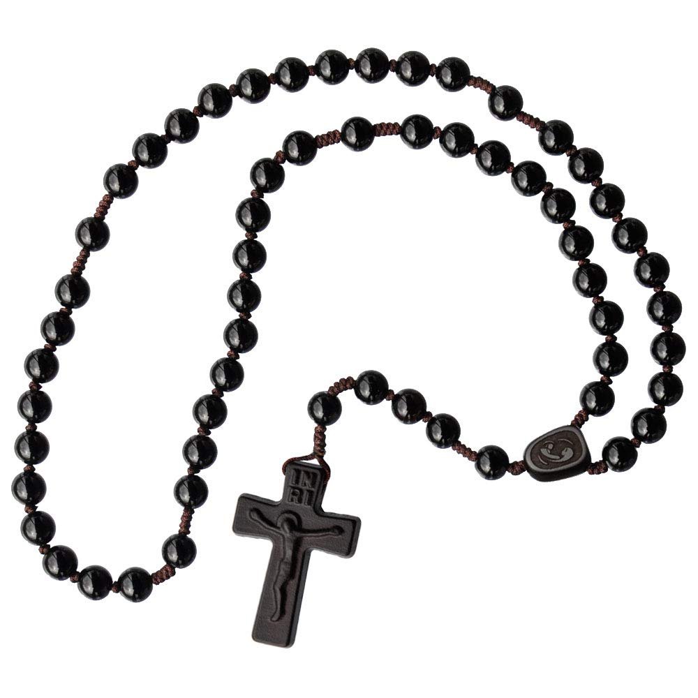 IHM Imports Sine Cera Black Onyx/Jujube Wood 5 Decade Catholic Rosary, Laser Engraved Crucifix/Double-sided Centerpiece, Smooth 8mm Beads
