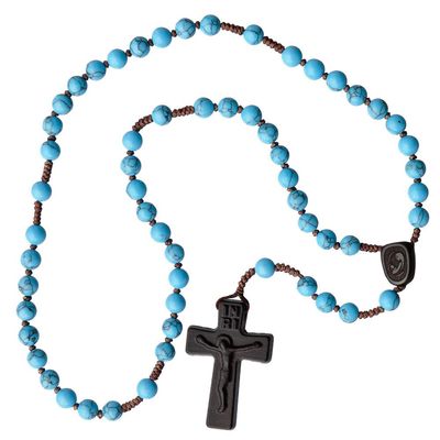 Sine Cera Turquoise/Jujube Wood 5 Decade Catholic Rosary, Laser Engraved Crucifix/Double-Sided Centerpiece, Smooth 6mm Beads