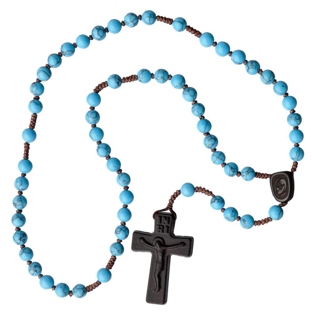 Sine Cera Turquoise/Jujube Wood 5 Decade Catholic Rosary, Laser Engraved Crucifix/Double-Sided Centerpiece, Smooth 6mm Beads