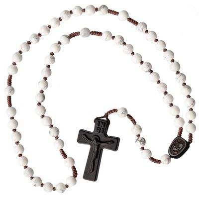 IHM Imports Sine Cera Howlite/Jujube Wood 5 Decade Catholic Rosary, Laser Engraved Crucifix/Double-sided Centerpiece, Smooth 6mm Beads
