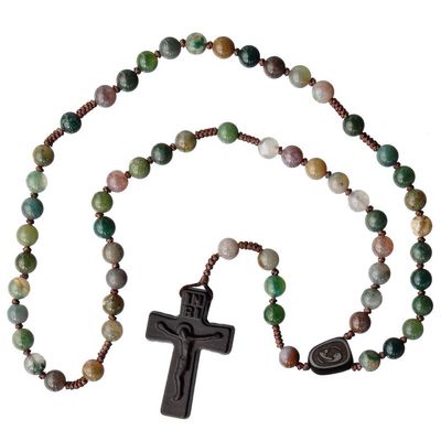 IHM Imports Sine Cera Multicolor Onyx Stone/Jujube Wood 5 Decade Catholic Rosary, Laser Cut Cruficix/Centerpiece,13" Durable Corded Design, Smooth 6mm Beads