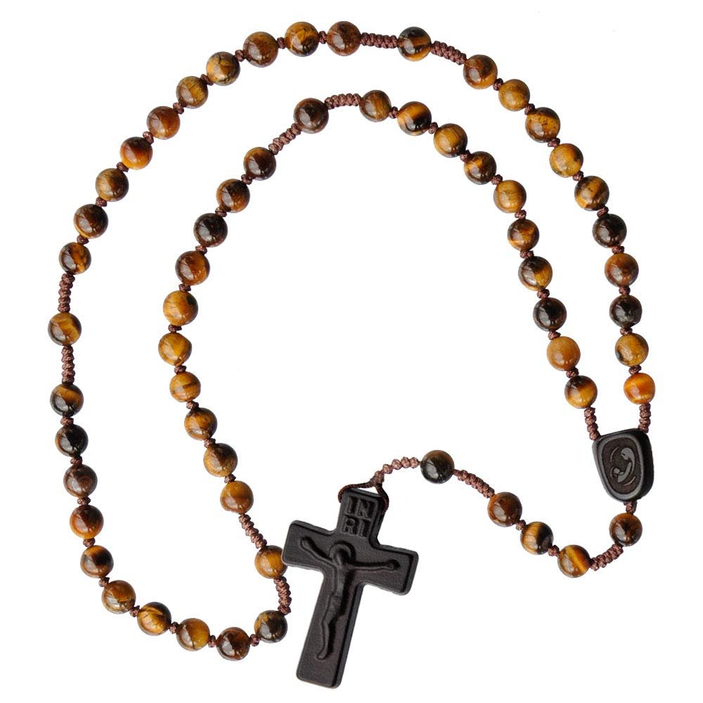 IHM Imports Sine Cera Tiger Eye/Jujube Wood 5 Decade Catholic Rosary, Laser Engraved Crucifix/Double-sided Centerpiece, Smooth 6mm Beads