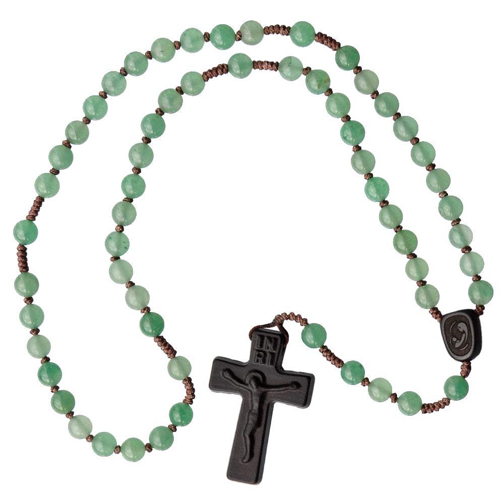 IHM Imports Sine Cera Green Jade/Jujube Wood 5 Decade Catholic Rosary, Laser Engraved Crucifix/Double-sided Centerpiece, Smooth 6mm Beads