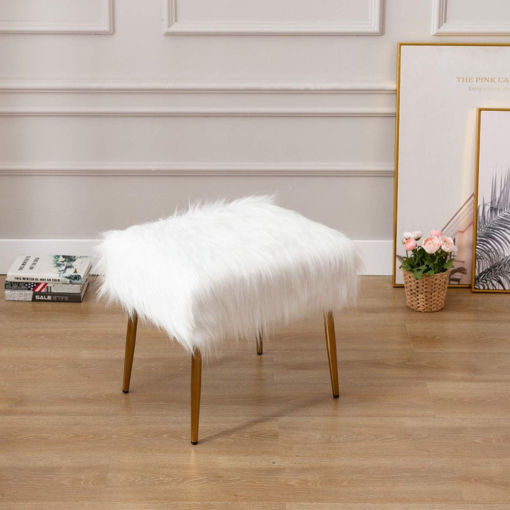 Wahson Faux Fur Square Ottoman Seat Footstool with Gold Legs Small Stool Pouffe for Bedroom/Living Room/Vanity (White,Length-50 CM)