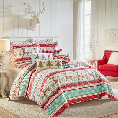 Levtex Home Merry & Bright Collecion - Let It Snow Quilt Set - Full/Queen Holiday Quilt 88x92 and Two Standard Shams 20x26 - Christmas Fun in Red, Turquoise, Green, White - Reversible