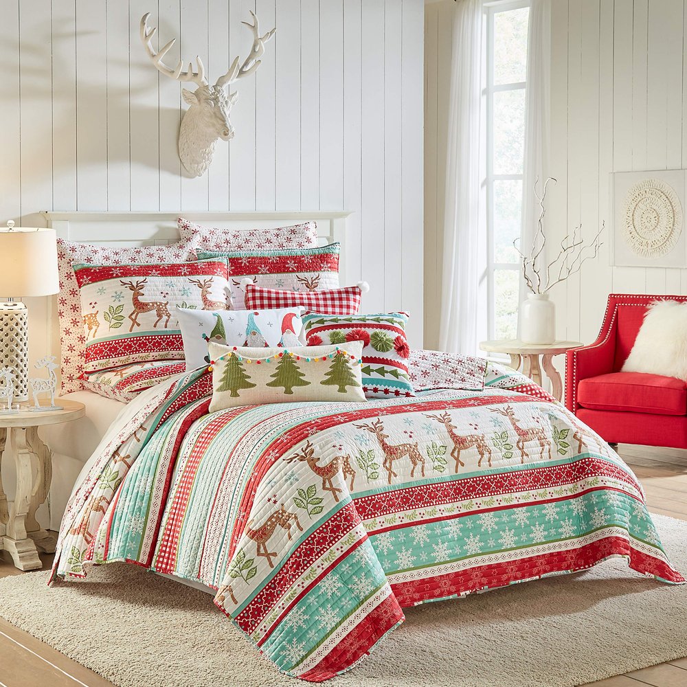 Levtex Home Merry & Bright Collecion - Let It Snow Quilt Set - Full/Queen Holiday Quilt 88x92 and Two Standard Shams 20x26 - Christmas Fun in Red, Turquoise, Green, White - Reversible