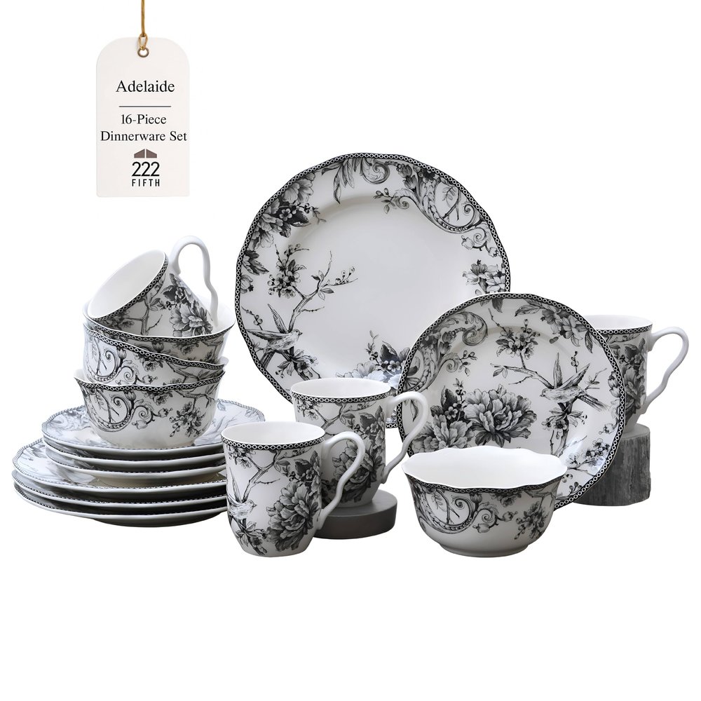 222 Fifth Adelaide 16-Piece Black Porcelain Dinnerware Set  Service for 4, Featuring Hand-Applied Romantic Woodland Bird Design, for Everyday Dining & Entertainment, Microwave & Dishwasher Safe