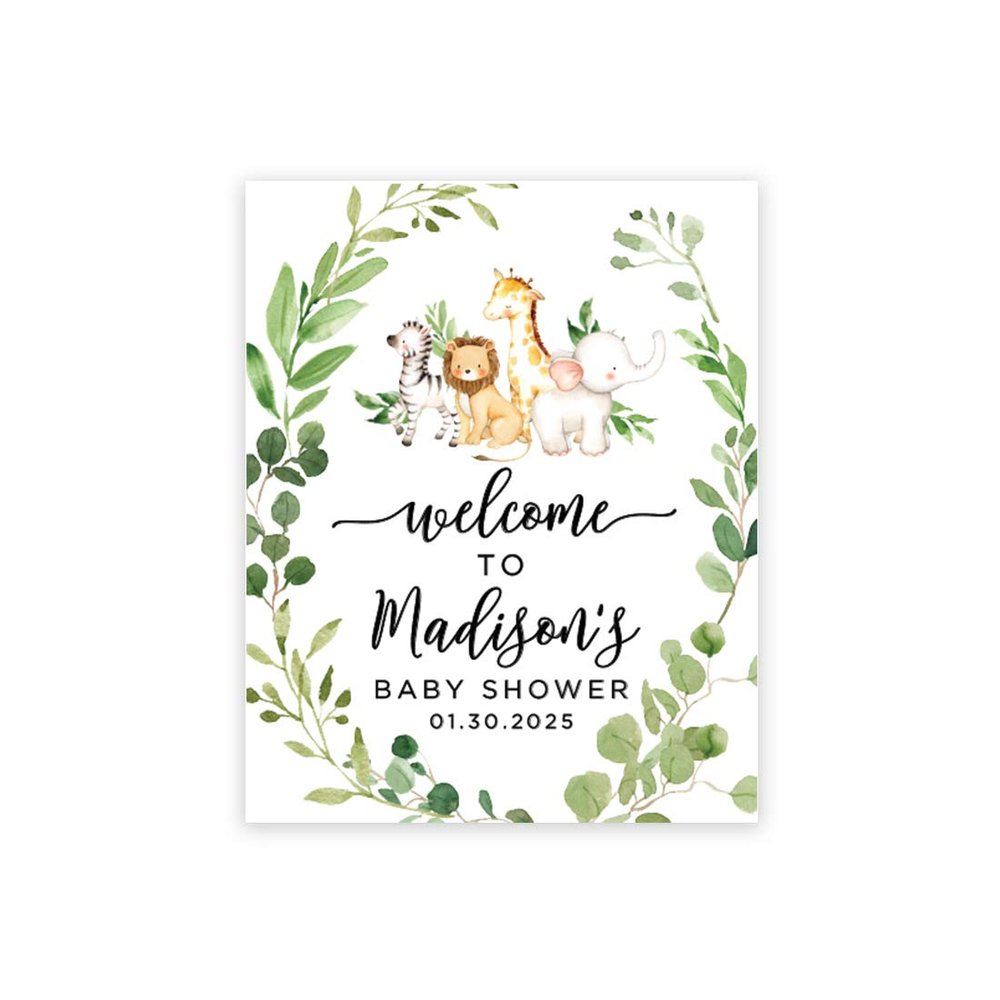 Andaz Press Custom Large Baby Shower Canvas Welcome Sign, 16 x 20 Inches, Safari Animals Leaf Foliage, Guestbook Alternative, Personalized Sign Our Canvas, For Jungle Safari Baby Shower Theme
