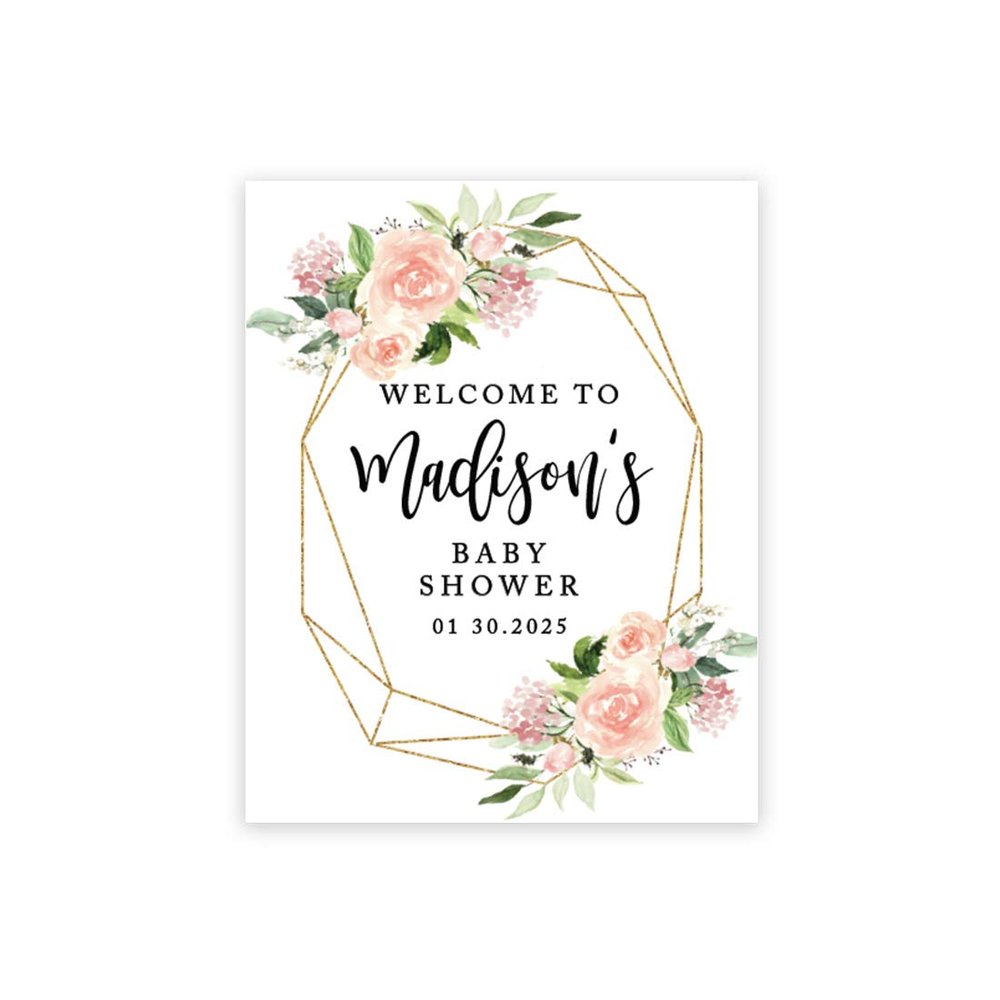 Andaz Press Personalized Large Canvas Baby Shower Welcome Sign, 16 x 20 Inches, Geometric Peachy Pink Floral Wreath, Guestbook Alternative, Custom Baby Shower Sign, Floral Baby Shower, Baby Sprinkle