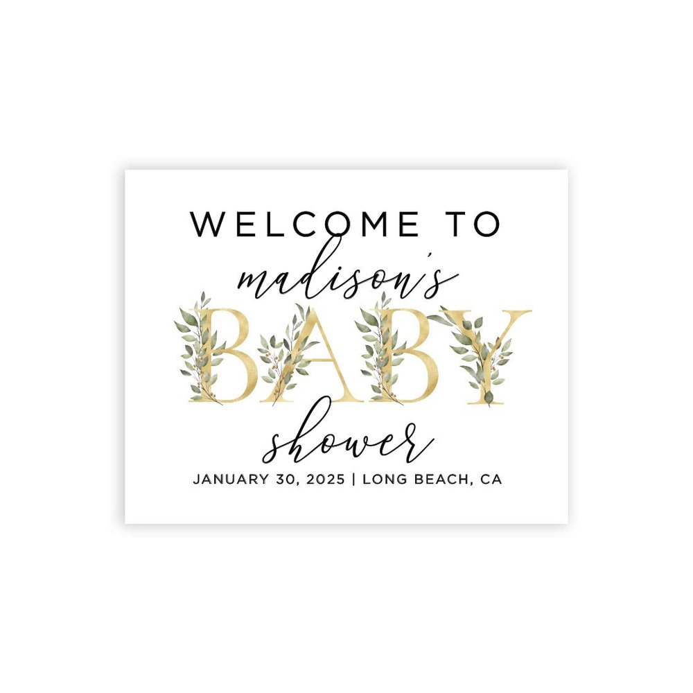 Andaz Press Personalized Large Canvas Greenery Baby Sign, 16 x 20 Inches, Gold, Guestbook Alternative, Custom Sign for Shower or Sprinkle