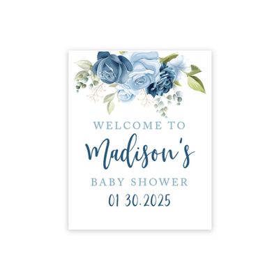 Andaz Press Personalized Large Canvas Baby Shower Welcome Sign, 16 x 20 Inches, Minimal Navy and Baby Blue Roses, Guestbook Alternative, Custom Baby Shower Sign, for Floral Baby Shower, Baby Sprinkle