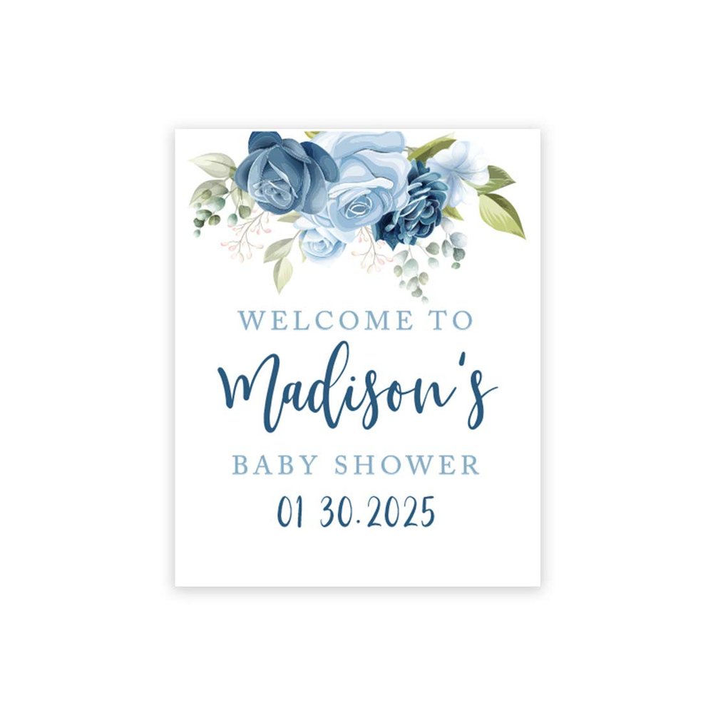 Andaz Press Personalized Large Canvas Baby Shower Welcome Sign, 16 x 20 Inches, Minimal Navy and Baby Blue Roses, Guestbook Alternative, Custom Baby Shower Sign, for Floral Baby Shower, Baby Sprinkle