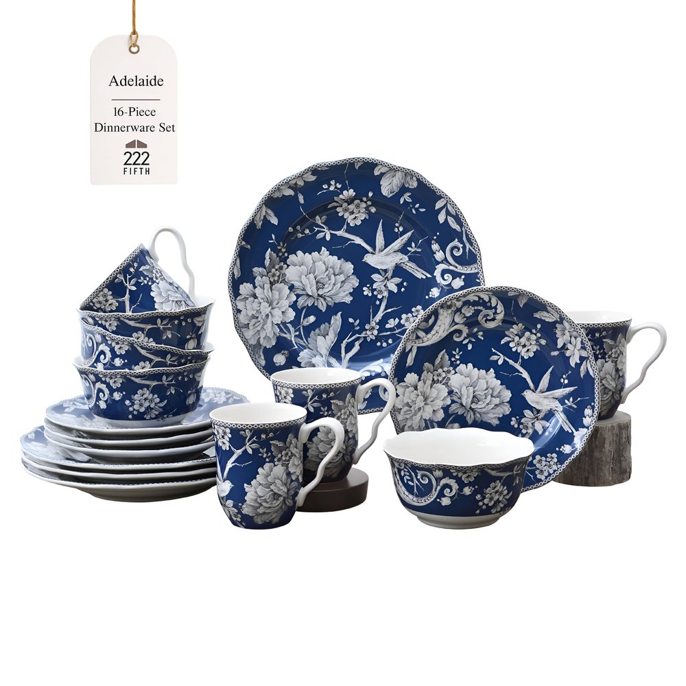 222 Fifth Adelaide 16-Piece Dark Blue Porcelain Dinnerware Set  Service for 4, Plate, Bowl & Mug Set, Bird & Floral Design, for Everyday Dining & Entertainment, Microwave & Dishwasher Safe