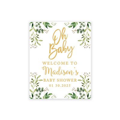 Andaz Press Personalized Large Canvas Baby Shower Welcome Sign, 16 x 20 Inches, Gold and Greenery Leaf Foliage, Guestbook Alternative, Custom Baby Shower Sign