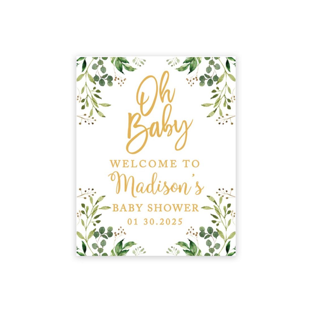 Andaz Press Personalized Large Canvas Baby Shower Welcome Sign, 16 x 20 Inches, Gold and Greenery Leaf Foliage, Guestbook Alternative, Custom Baby Shower Sign