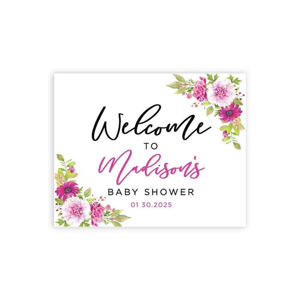 Andaz Press Personalized Large Canvas Baby Shower Welcome Sign, 16 x 20 Inches, Fuchsia Florals, Guestbook Alternative, Custom Baby Shower Sign, for Floral Baby Shower, Baby Sprinkle Theme
