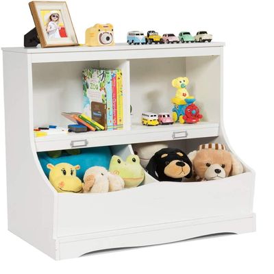 Costzon Toy Storage Organizer, 4-Cubby Kids Bookshelf with Footboard and Name Card, Wooden Children's Bookcase, Montessori Toy Shelf for Playroom, Bedroom, Daycare, Classroom (White)