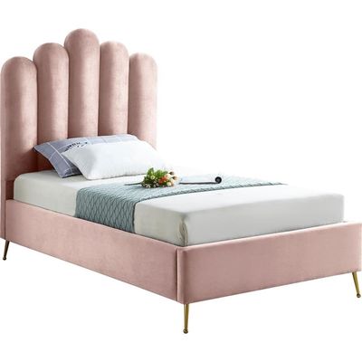 Meridian Furniture Lily Collection Modern | Contemporary Velvet Upholstered Bed with Deep Channel Tufting and Custom Gold Steel Legs, Twin, Pink