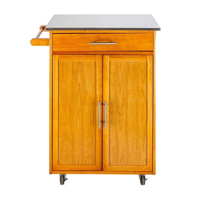 Henf Wood Kitchen Island Cart, Rolling Storage Trolley Cart with Stainless Steel Table Top, Moveable Kitchen Cart W/Storage Cabinet and Drawers Towel Handle