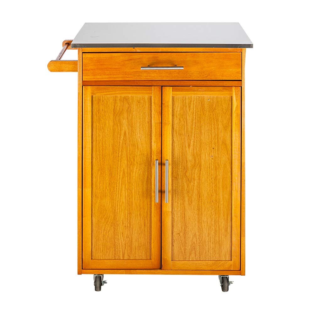Henf Wood Kitchen Island Cart, Rolling Storage Trolley Cart with Stainless Steel Table Top, Moveable Kitchen Cart W/Storage Cabinet and Drawers Towel Handle