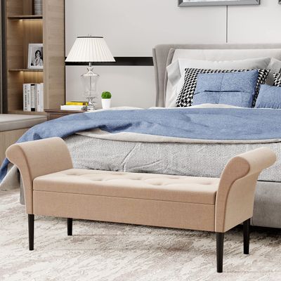 Alunaune Upholstered Storage Bench for Bedroom End of Bed Bench Ottoman, Tufted Entryway Bench Settee, Modern Fabric Footstool with Arms for Living Room-Tan