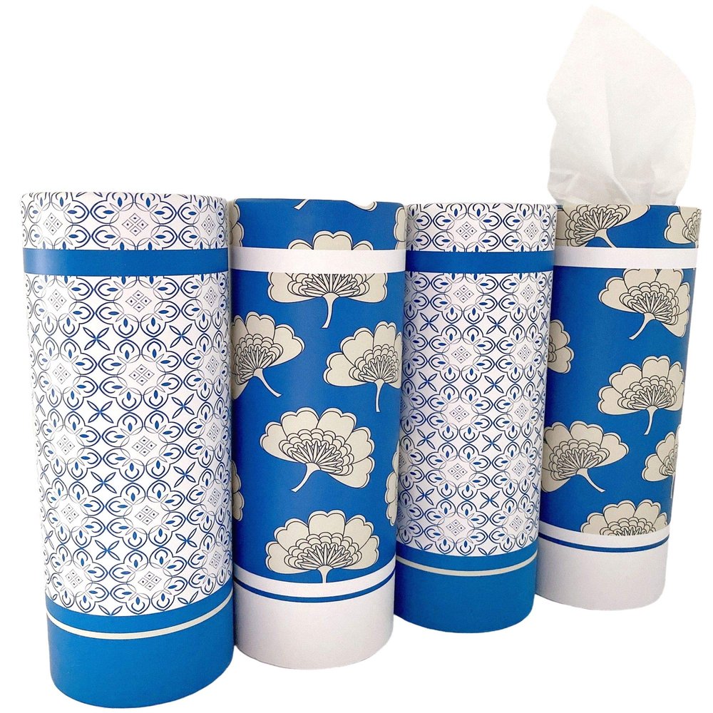 Car Tissues Holder with Facial Tissues - 4 PK - Travel Tissue Tubes Box Container Perfect Fit for Car Cup Holder Car Tissues Cylinder (Blue)