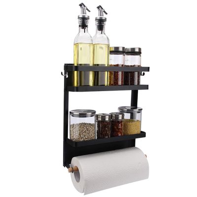 Magnetic Fridge Organizer, Paper Towel Holder, Kitchen Rack, Rustproof Spice Jars Rack, with 2 Removable Mobile Hooks (Black)