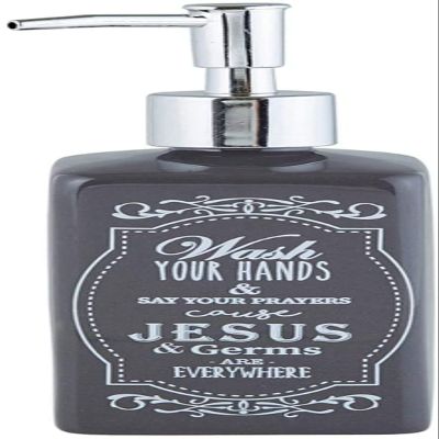 Autom Black Ceramic Wash Your Hands & Say Your Prayers Cause Jesus & Germs are Everywhere Reusable Liquid Hand Soap Dispenser, 7 1/4 Inch
