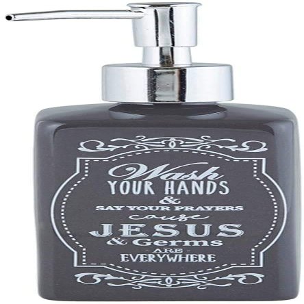 Autom Black Ceramic Wash Your Hands & Say Your Prayers Cause Jesus & Germs are Everywhere Reusable Liquid Hand Soap Dispenser, 7 1/4 Inch
