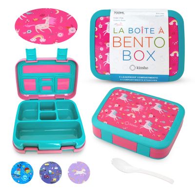 kinsho Unicorn Bento Lunch Box for Girls Toddlers, 5 Portion Control Sections, BPA Free Removable Plastic Tray, Pre-School Kid Toddler Girl Daycare Lunches, Snack Container Ages 3 to 7 Pink Unicorns