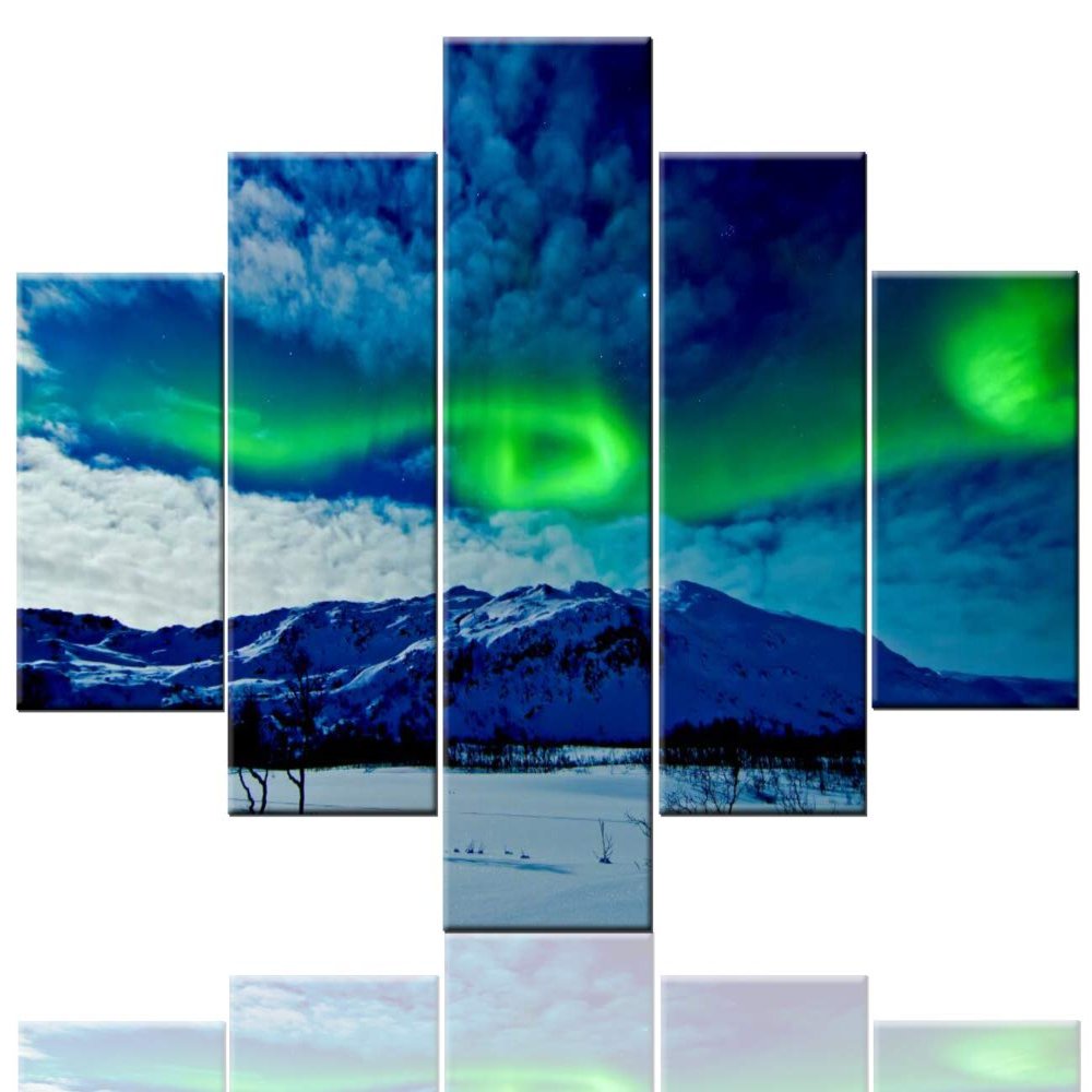5 Pieces Canvas Wall Art, Modern Aurora Picture Home Decoration for Wall, Wall Painting with Wrapped Framed, Pictures for Living Room, Bathroom, Office, Bedroom
