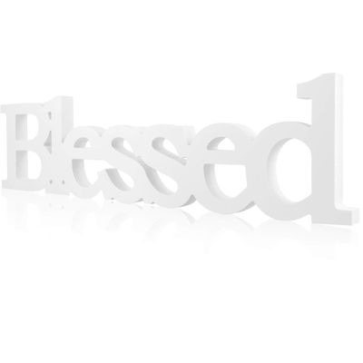 Blulu Blessed Letter Table Sign Blessed Standing Letter Table Sign Rustic Wooden Home Standing Decor for Graduation Baby Shower First Communion Christening Decoration(White)