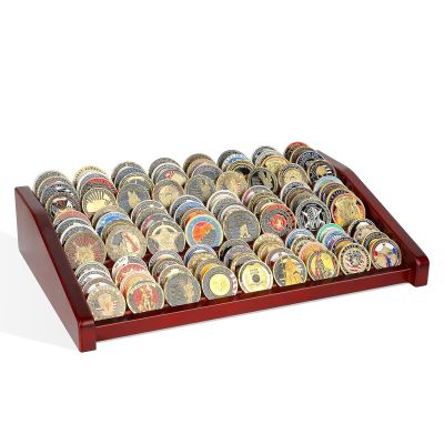 DecoWoodo Challenge Coin Holder Display Case - 3 Tiers Solid Wood Military Coin Rack for 80-100 Coins, Army Coin Stand for Desk Display, Mahogany