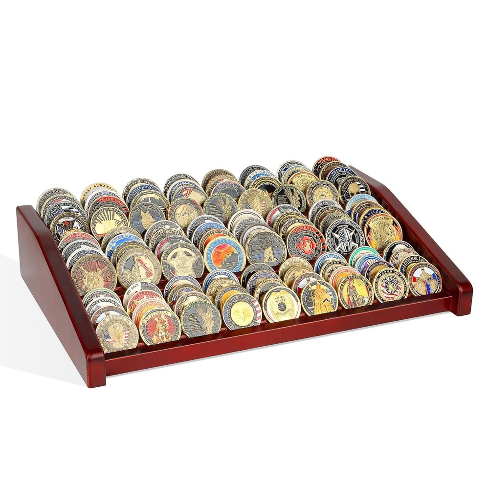DecoWoodo Challenge Coin Holder Display Case - 3 Tiers Solid Wood Military Coin Rack for 80-100 Coins, Army Coin Stand for Desk Display, Mahogany