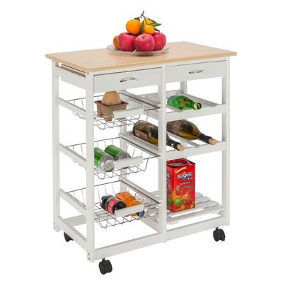 Simply-ME Portable Rolling Drop Leaf Kitchen Storage Trolley Cart with 2 Drawers 2 Wine Racks 3 Baskets Bar Cart,Breakfast Cart,Dining Table,Kitchen Island,White