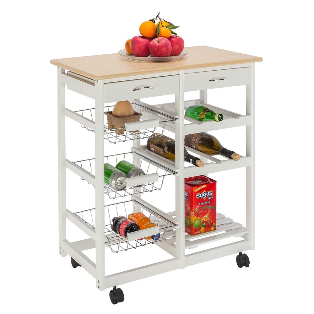 Simply-ME Portable Rolling Drop Leaf Kitchen Storage Trolley Cart with 2 Drawers 2 Wine Racks 3 Baskets Bar Cart,Breakfast Cart,Dining Table,Kitchen Island,White