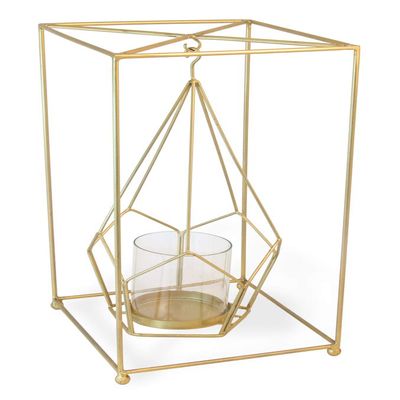 Boston International Iron & Glass Lantern/Candle Holder, 16-Inches, Square Pentagon Gold