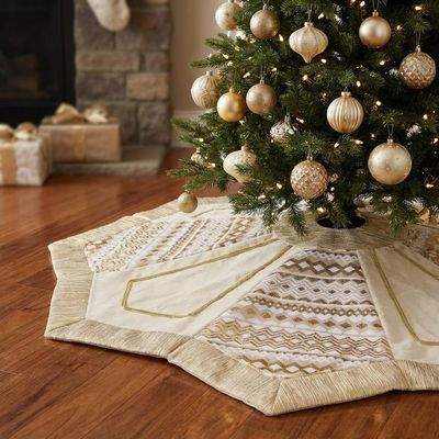 Valery Madelyn Christmas Tree Skirt for Tree Decorations, 48 Inch White Gold Octagon Large Xmas Velvet Tree Skirt with Embroidery & Geometric Sequin Pattern for Christmas Decor