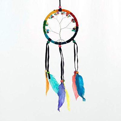 Awesomestones Handmade Rainbow Tree of Life Dream Catcher Feathers Colorful Pebble Rocks for Bedroom Wall Hanging Home Decoration Wedding Party