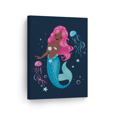 SmileArtDesign African American Pink Haired Pretty Mermaid, Jellyfish and Stars Canvas Print Blue Background Kid Room Nursery Dcor Wall Art Black Kid Baby Art Home Decor Ready to Hang - 36x24