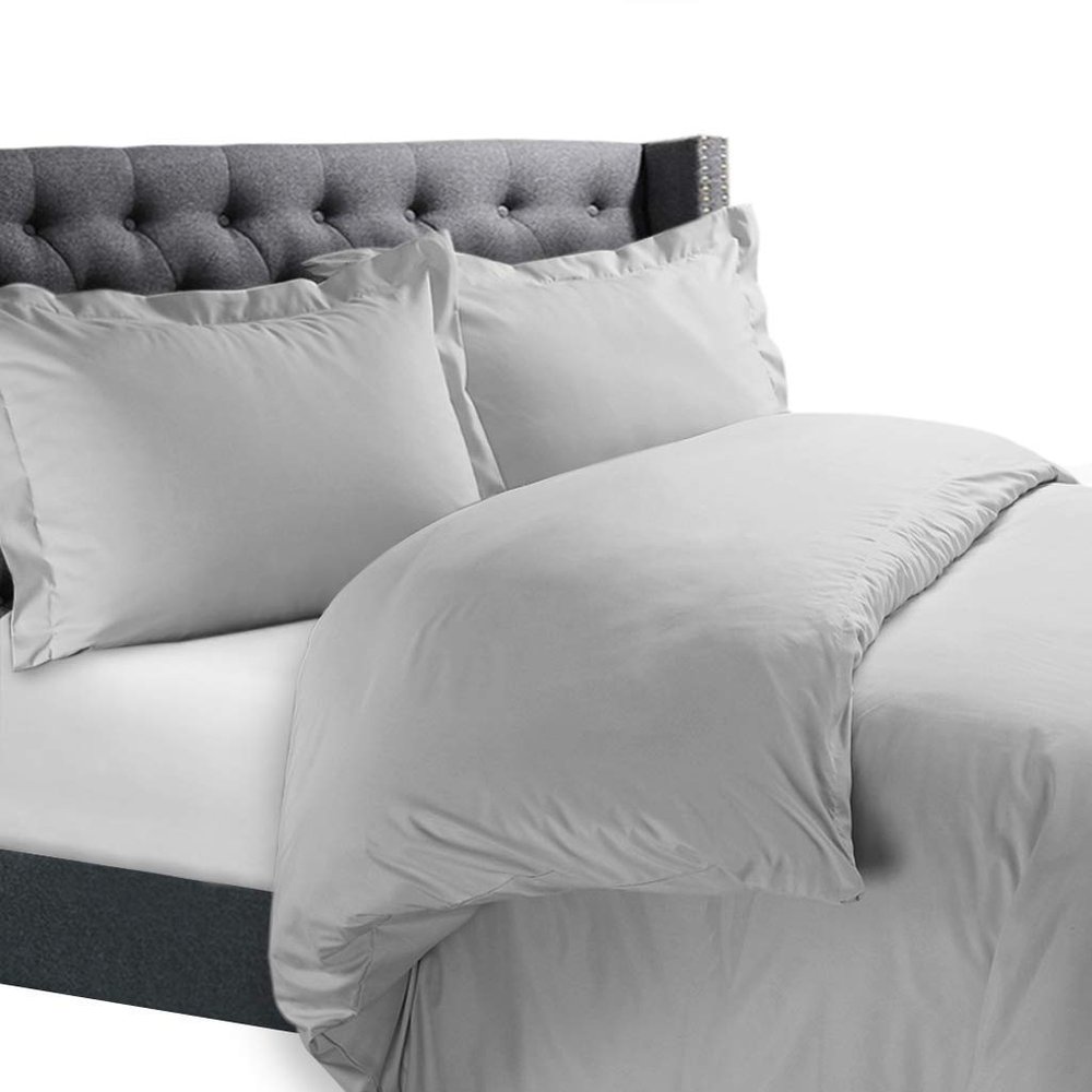 Cotton Duvet Cover King Size - 800 Thread Count 3 Piece Bedding Set, Smooth Sateen Weave, Silver Grey 100% Comforter Cover and Two Pillow Shams, with Button Closure and Corner Ties