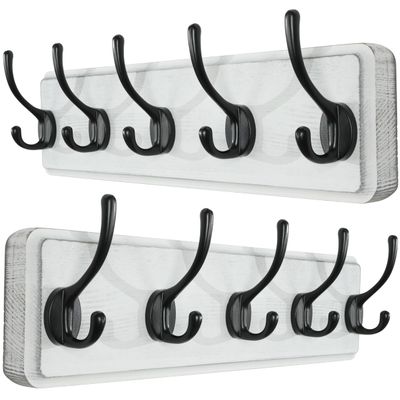 SKOLOO Rustic Wall Mounted Coat Rack, 16 inches Hole to Hole, Case of 2, Pine Solid Wood Coat Hook Hanger - 5 Hooks for Hanging Clothes Robes Towels Coats