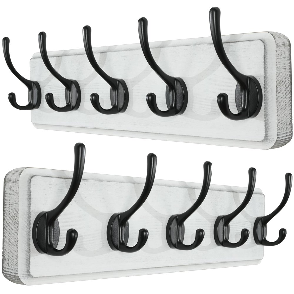 SKOLOO Rustic Wall Mounted Coat Rack, 16 inches Hole to Hole, Case of 2, Pine Solid Wood Coat Hook Hanger - 5 Hooks for Hanging Clothes Robes Towels Coats