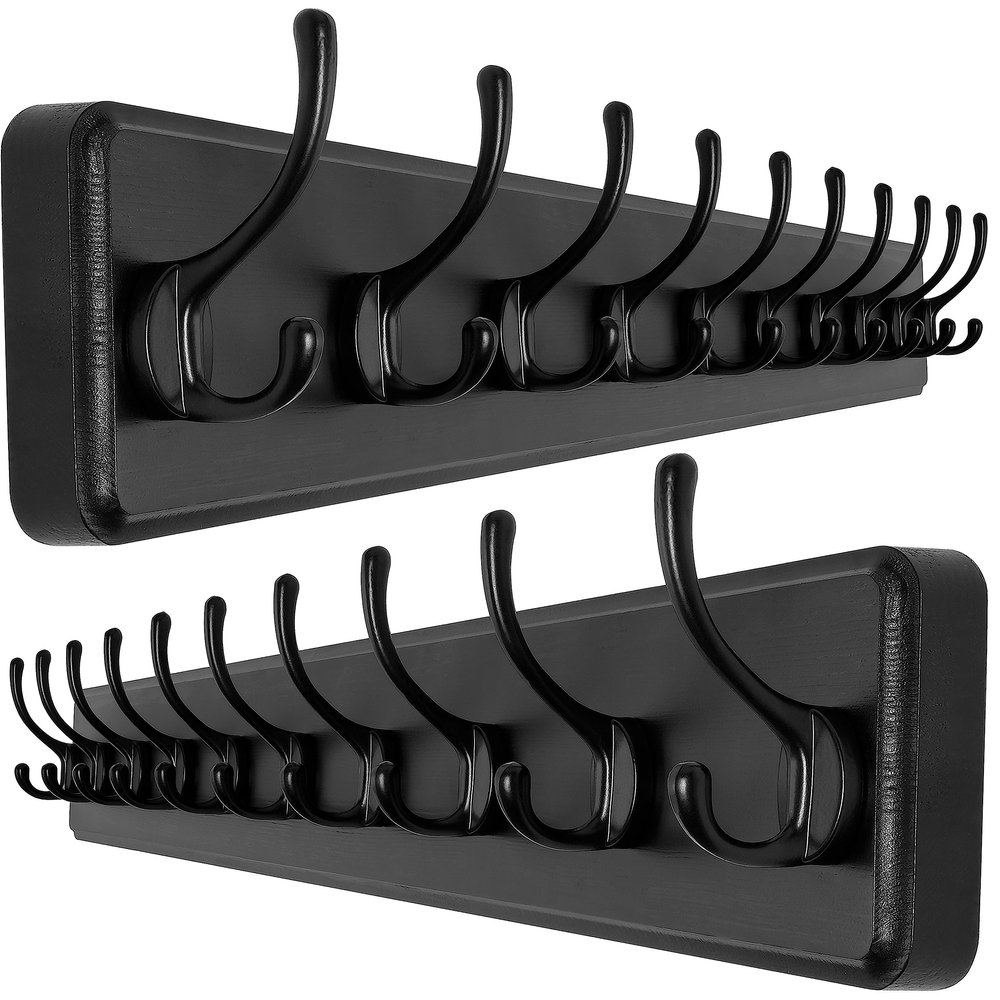 SKOLOO Rustic Wall Mounted Coat Rack, Case of 2, Pine Solid Wood Coat Hook Hanger - 10 Hooks for Hanging Clothes Robes Towels Coats