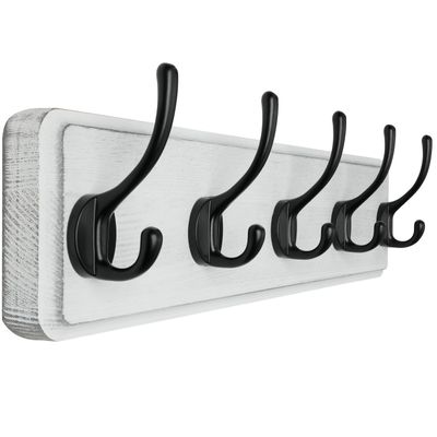 SKOLOO Rustic Wall Mounted Coat Rack, Pine Solid Wood Coat Hook Hanger - 5 Hooks for Hanging Clothes Robes Towels Coats
