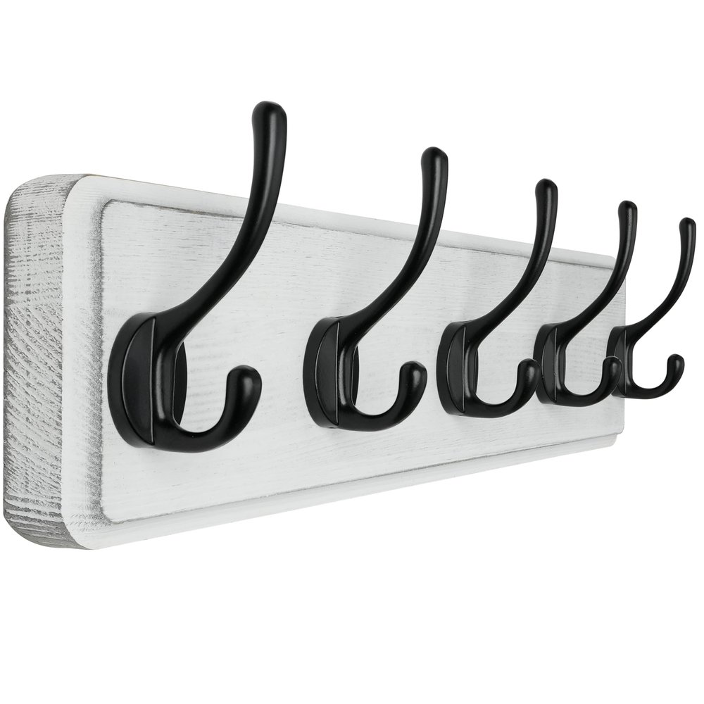 SKOLOO Rustic Wall Mounted Coat Rack, Pine Solid Wood Coat Hook Hanger - 5 Hooks for Hanging Clothes Robes Towels Coats