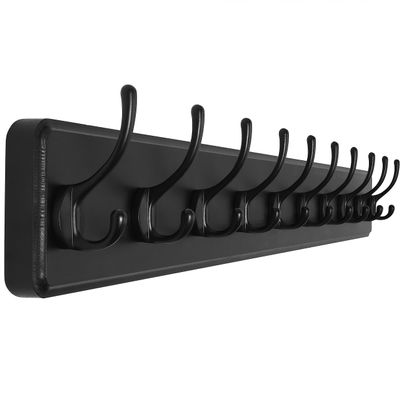 SKOLOO Large Black Wall Mounted Coat Rack - 38.6'' Long Coat Rack for Wall, Pine Solid Wood Coat Hook Hanger - 10 Hooks for Hanging Clothes Backpack Coats