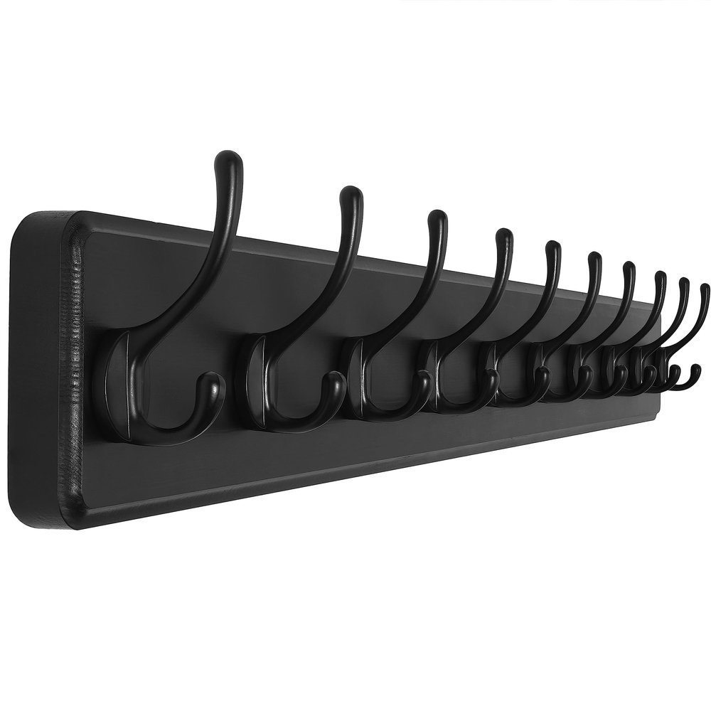 SKOLOO Large Black Wall Mounted Coat Rack - 38.6'' Long Coat Rack for Wall, Pine Solid Wood Coat Hook Hanger - 10 Hooks for Hanging Clothes Backpack Coats