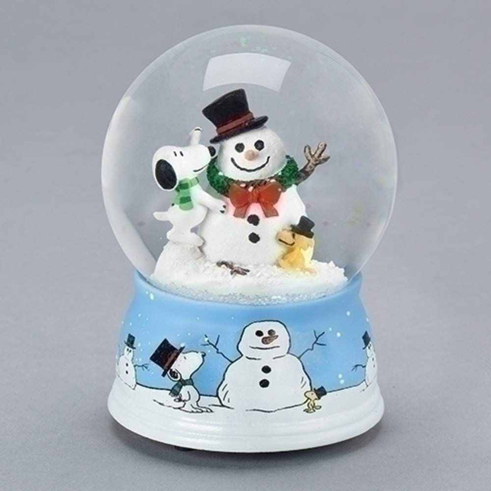 Roman Snoopy and Woodstock with Snowman Musical Snowdome 5.5 Inch Multicolor